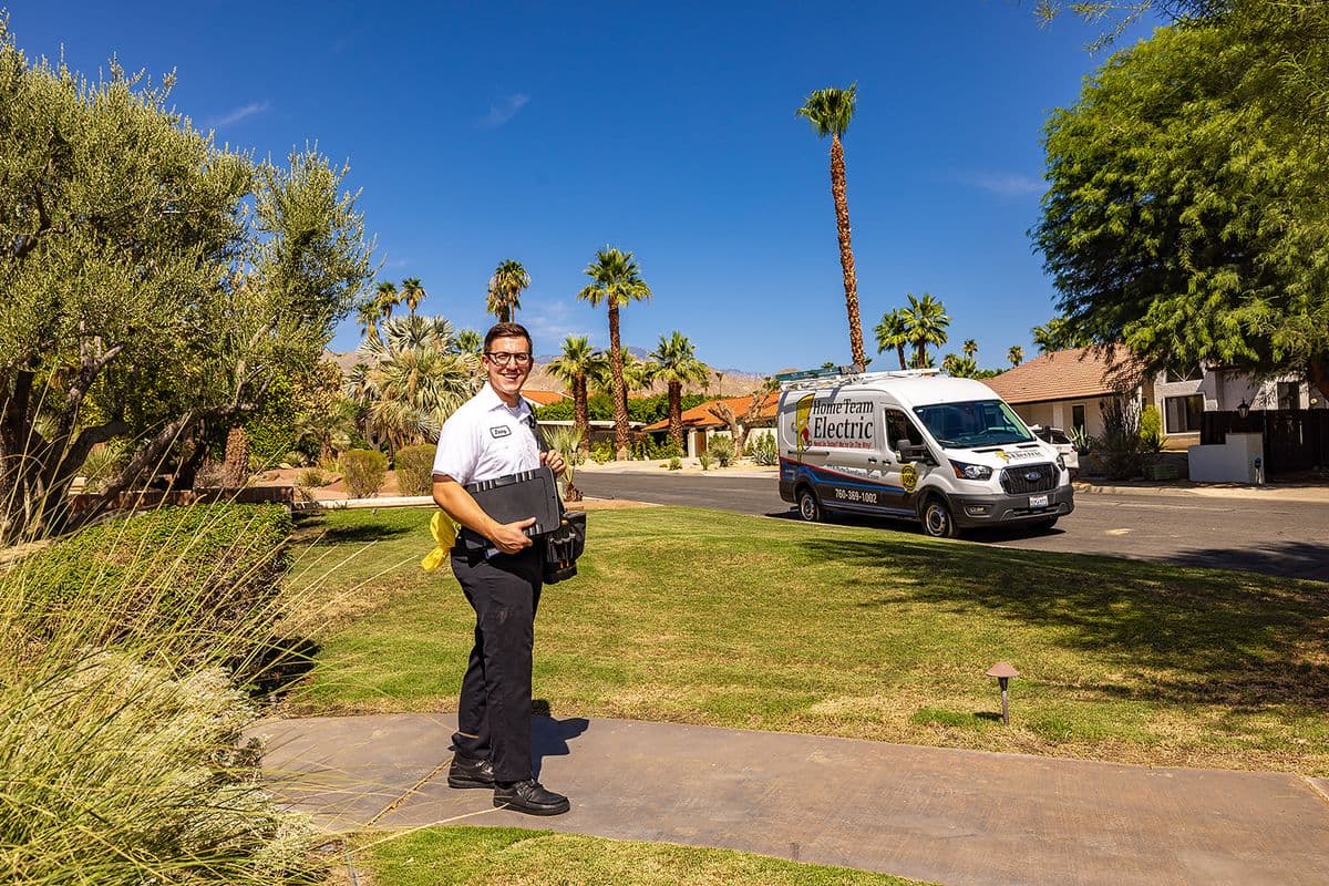 An electrician from Home Team Electric on a residential job in the Coachella Valley and Morongo Basin